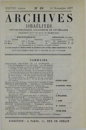 Archives israélites de France. Vol.38 N°22 (15 nov. 1877)